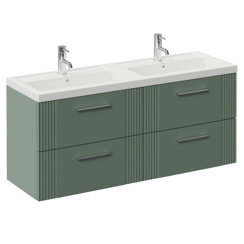 Avant Satin Green 1200mm Wall Mounted 4 Drawer Vanity Unit with Double Lucia Basins Left Hand View