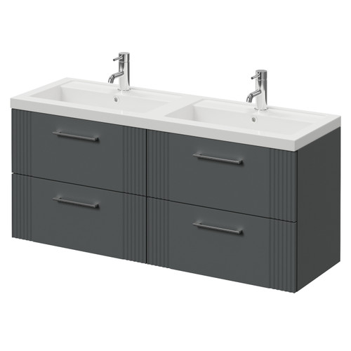 Avant Satin Grey 1200mm Wall Mounted 4 Drawer Vanity Unit with Double Lucia Basins Right Hand View