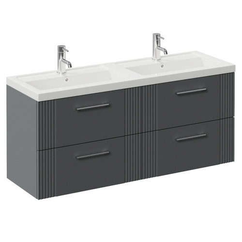 Avant Satin Grey 1200mm Wall Mounted 4 Drawer Vanity Unit with Double Lucia Basins Left Hand View