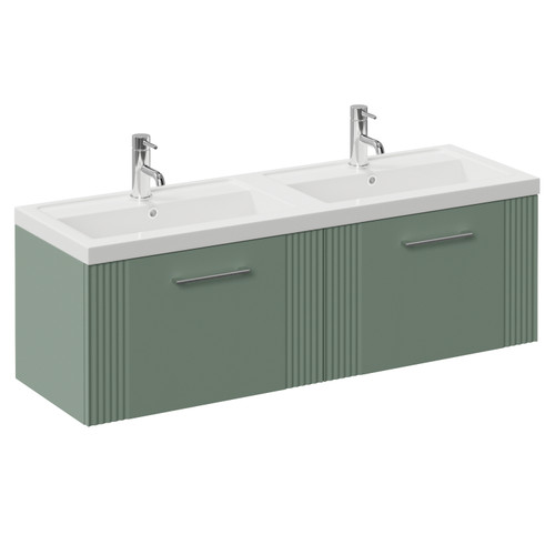 Avant Satin Green 1200mm Wall Mounted 2 Drawer Vanity Unit with Double Lucia Basins Left Hand View