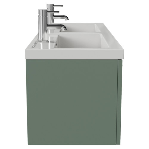 Avant Satin Green 1200mm Wall Mounted 2 Drawer Vanity Unit with Double Lucia Basins Side View