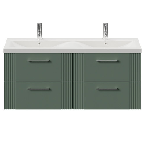 Avant Satin Green 1200mm Wall Mounted 4 Drawer Vanity Unit with Double Glide Basins Front View