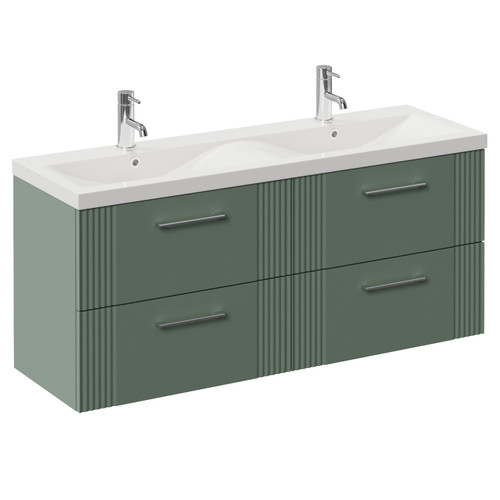 Avant Satin Green 1200mm Wall Mounted 4 Drawer Vanity Unit with Double Glide Basins Left Hand View