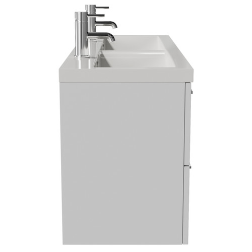 Avant Satin White 1200mm Wall Mounted 4 Drawer Vanity Unit with Double Glide Basins Side View