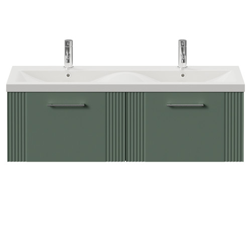 Avant Satin Green 1200mm Wall Mounted 2 Drawer Vanity Unit with Double Glide Basins Front View