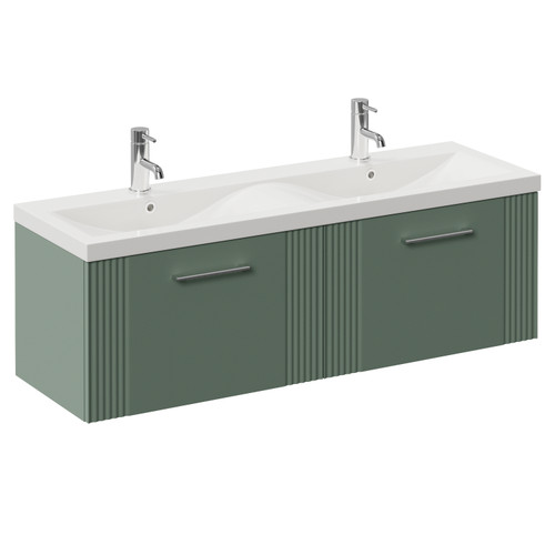 Avant Satin Green 1200mm Wall Mounted 2 Drawer Vanity Unit with Double Glide Basins Left Hand View