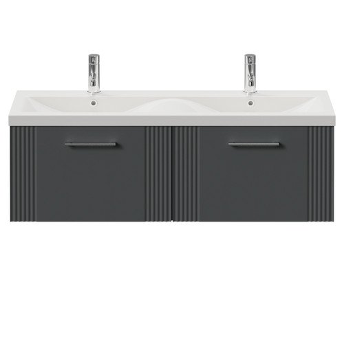Avant Satin Grey 1200mm Wall Mounted 2 Drawer Vanity Unit with Double Glide Basins Front View