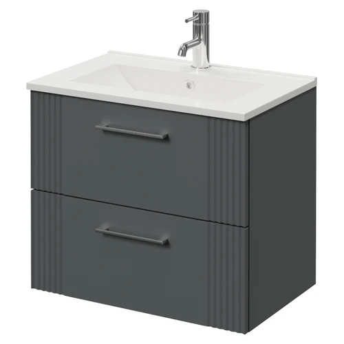 Avant Satin Grey 600mm Wall Mounted 2 Drawer Vanity Unit with Angel Basin Right Hand View