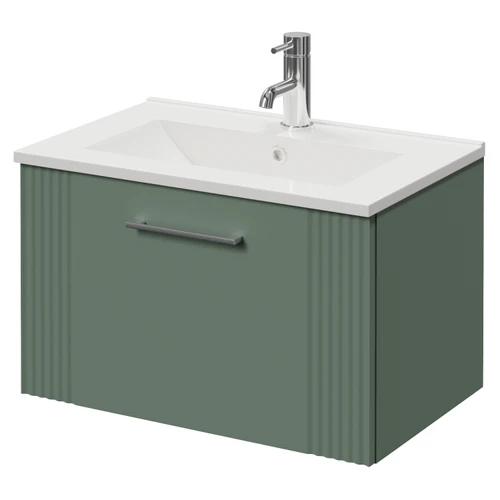 Avant Satin Green 600mm Wall Mounted Single Drawer Vanity Unit with Angel Basin Right Hand View