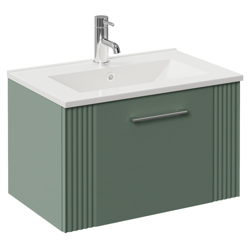 Avant Satin Green 600mm Wall Mounted Single Drawer Vanity Unit with Angel Basin Left Hand View