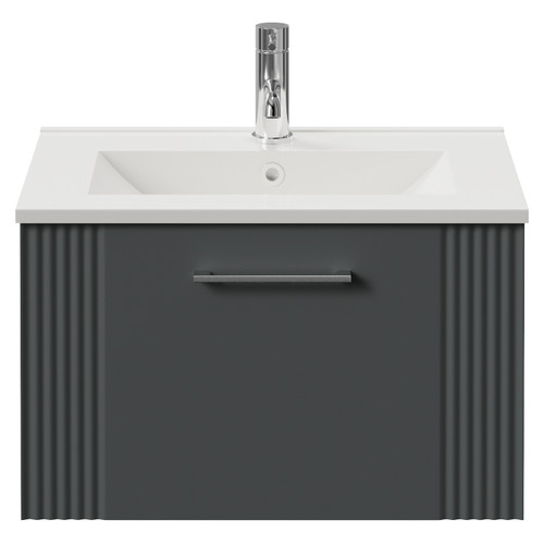 Avant Satin Grey 600mm Wall Mounted Single Drawer Vanity Unit with Angel Basin Front View