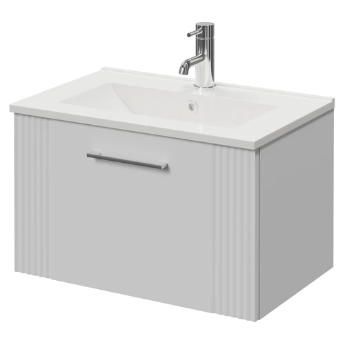 Avant Satin White 600mm Wall Mounted Single Drawer Vanity Unit with Angel Basin Right Hand View