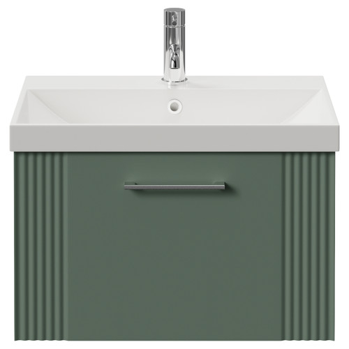 Avant Satin Green 600mm Wall Mounted Single Drawer Vanity Unit with Rimini Basin Front View