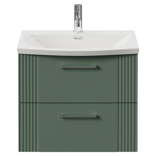 Avant Satin Green 600mm Wall Mounted 2 Drawer Vanity Unit with Arc Basin Front View