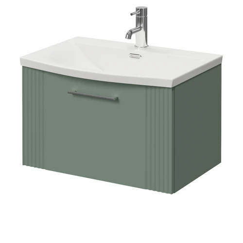 Avant Satin Green 600mm Wall Mounted Single Drawer Vanity Unit with Arc Basin Right Hand View