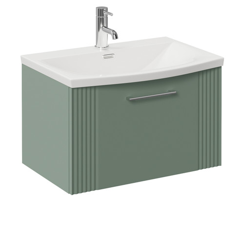 Avant Satin Green 600mm Wall Mounted Single Drawer Vanity Unit with Arc Basin Left Hand View