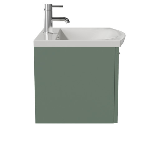 Avant Satin Green 600mm Wall Mounted Single Drawer Vanity Unit with Arc Basin Side View
