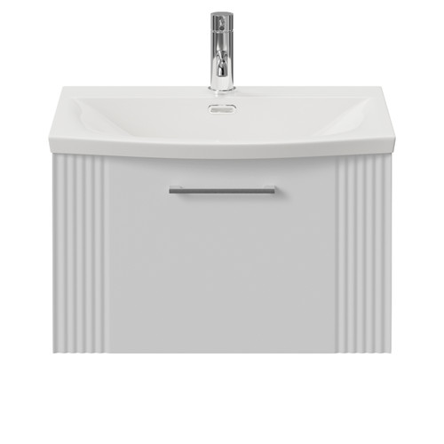 Avant Satin White 600mm Wall Mounted Single Drawer Vanity Unit with Arc Basin Front View
