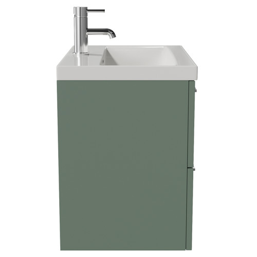 Avant Satin Green 600mm Wall Mounted 2 Drawer Vanity Unit with Glide Basin Side View