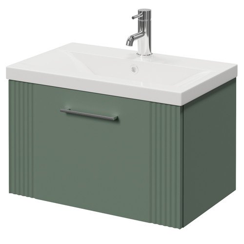 Avant Satin Green 600mm Wall Mounted Single Drawer Vanity Unit with Glide Basin Right Hand View