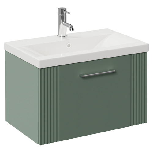 Avant Satin Green 600mm Wall Mounted Single Drawer Vanity Unit with Glide Basin Left Hand View