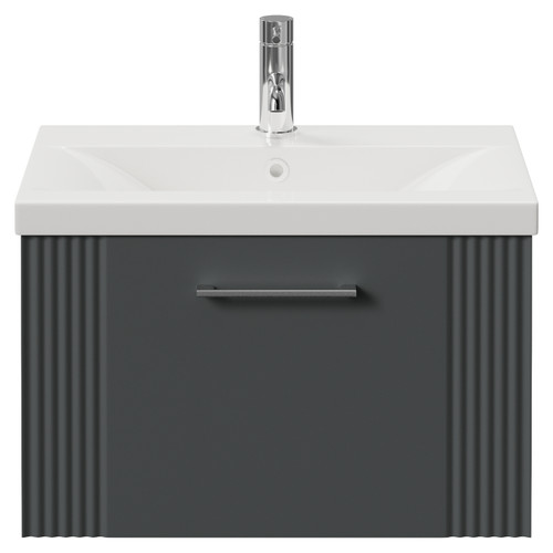 Avant Satin Grey 600mm Wall Mounted Single Drawer Vanity Unit with Glide Basin Front View