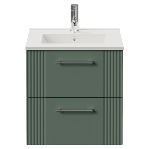 Avant Satin Green 500mm Wall Mounted 2 Drawer Vanity Unit with Angel Basin Front View