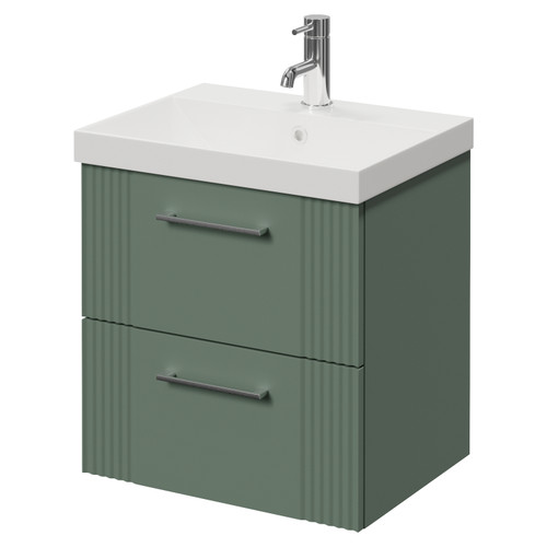 Avant Satin Green 500mm Wall Mounted 2 Drawer Vanity Unit with Rimini Basin Right Hand View