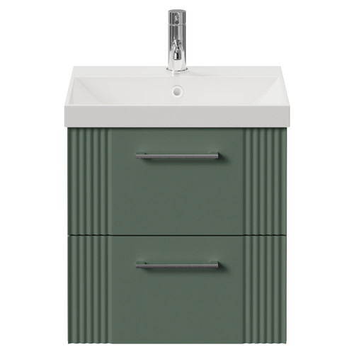 Avant Satin Green 500mm Wall Mounted 2 Drawer Vanity Unit with Rimini Basin Front View