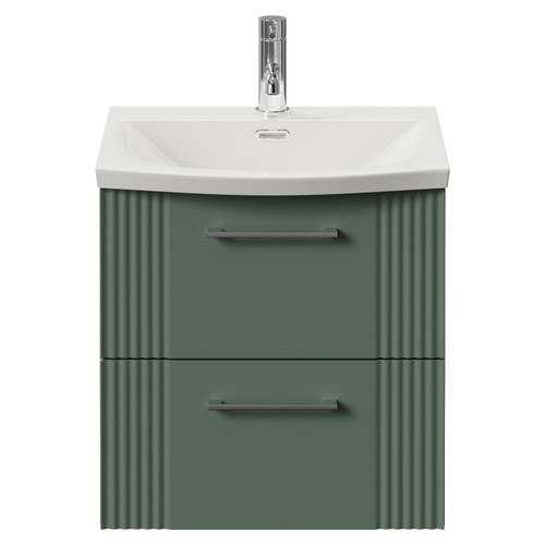 Avant Satin Green 500mm Wall Mounted 2 Drawer Vanity Unit with Arc Basin Front View