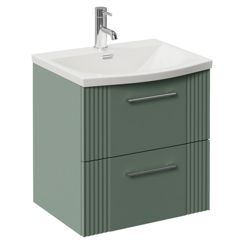 Avant Satin Green 500mm Wall Mounted 2 Drawer Vanity Unit with Arc Basin Left Hand View