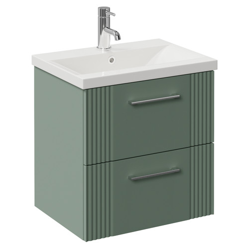Avant Satin Green 500mm Wall Mounted 2 Drawer Vanity Unit with Glide Basin Left Hand View