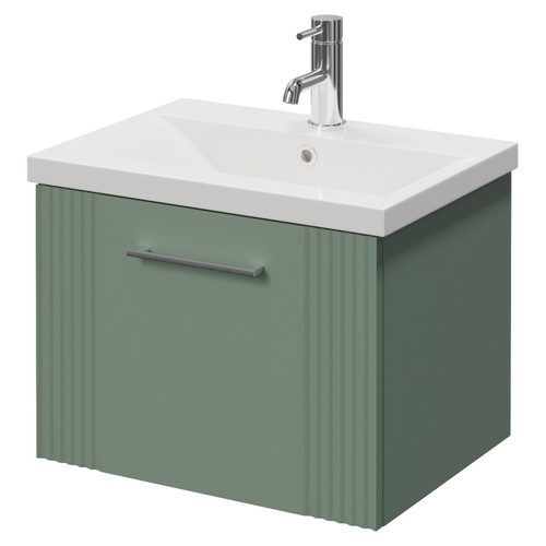 Avant Satin Green 500mm Wall Mounted Single Drawer Vanity Unit with Glide Basin Right Hand View