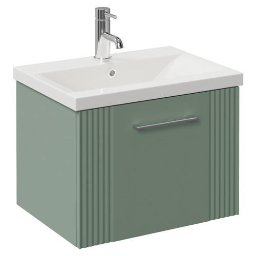 Avant Satin Green 500mm Wall Mounted Single Drawer Vanity Unit with Glide Basin Left Hand View