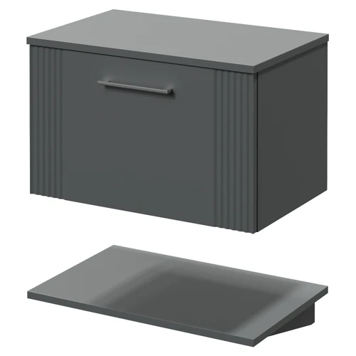 Avant Satin Grey 600mm Wall Mounted Single Drawer Vanity Unit for Countertop Basins with Storage Shelf Right Hand View