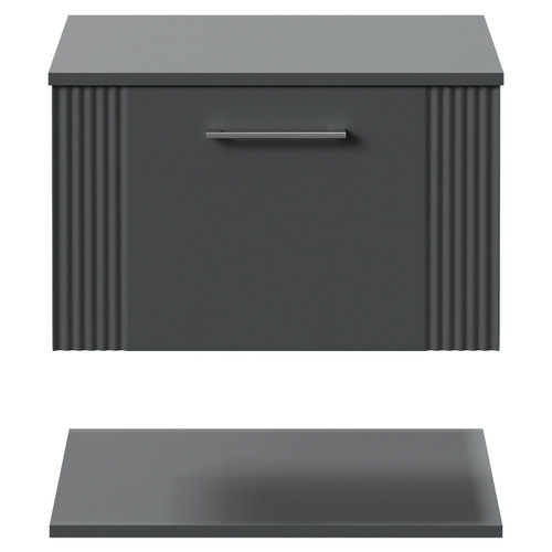 Avant Satin Grey 600mm Wall Mounted Single Drawer Vanity Unit for Countertop Basins with Storage Shelf Front View
