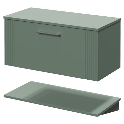 Avant Satin Green 800mm Wall Mounted Single Drawer Vanity Unit for Countertop Basins with Storage Shelf Right Hand View