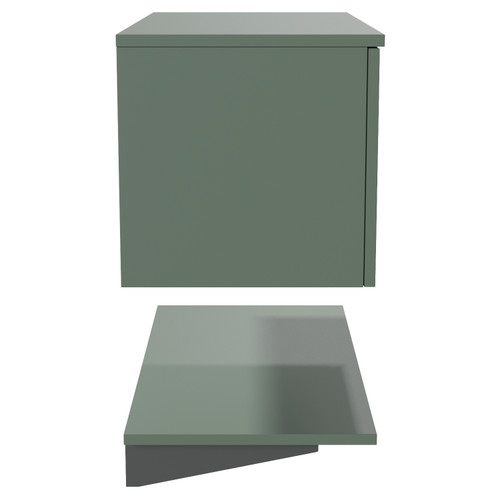 Avant Satin Green 800mm Wall Mounted Single Drawer Vanity Unit for Countertop Basins with Storage Shelf Side View