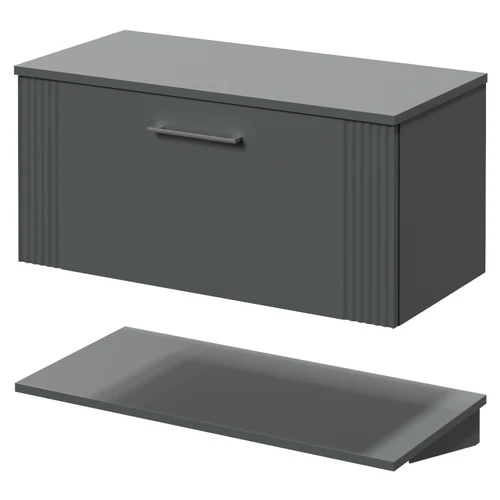 Avant Satin Grey 800mm Wall Mounted Single Drawer Vanity Unit for Countertop Basins with Storage Shelf Right Hand View