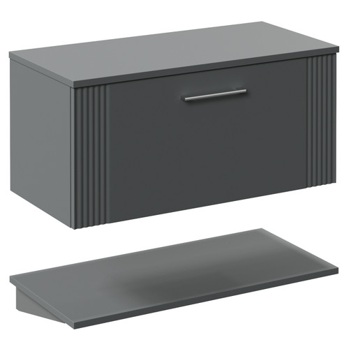 Avant Satin Grey 800mm Wall Mounted Single Drawer Vanity Unit for Countertop Basins with Storage Shelf Left Hand View