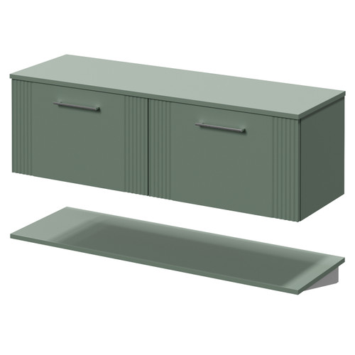 Avant Satin Green 1200mm Wall Mounted Single Drawer Vanity Unit for Countertop Basins with Storage Shelf Right Hand View