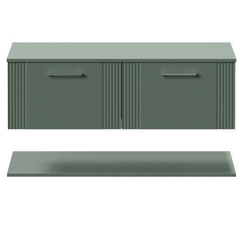 Avant Satin Green 1200mm Wall Mounted Single Drawer Vanity Unit for Countertop Basins with Storage Shelf Front View