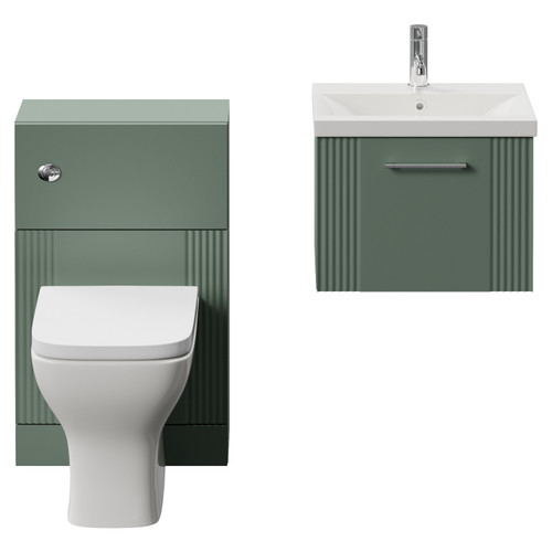 Avant Satin Green 1000mm Wall Mounted Single Drawer Vanity Unit and Toilet Suite with Glide Basin Front View