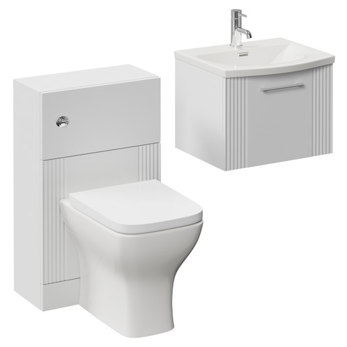 Avant Satin White 1000mm Wall Mounted Single Drawer Vanity Unit and Toilet Suite with Arc Basin Left Hand View