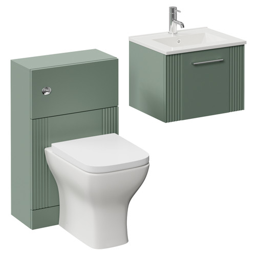 Avant Satin Green 1000mm Wall Mounted Single Drawer Vanity Unit and Toilet Suite with Angel Basin Left Hand View