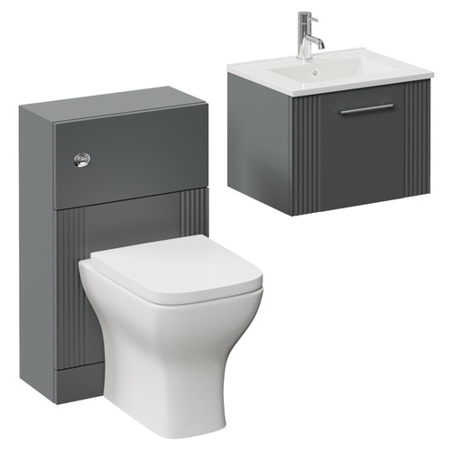 Avant Satin Grey 1000mm Wall Mounted Single Drawer Vanity Unit and Toilet Suite with Angel Basin Left Hand View