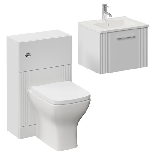 Avant Satin White 1000mm Wall Mounted Single Drawer Vanity Unit and Toilet Suite with Angel Basin Left Hand View