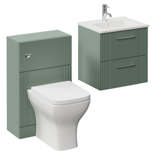 Avant Satin Green 1000mm Wall Mounted 2 Drawer Vanity Unit and Toilet Suite with Angel Basin Left Hand View