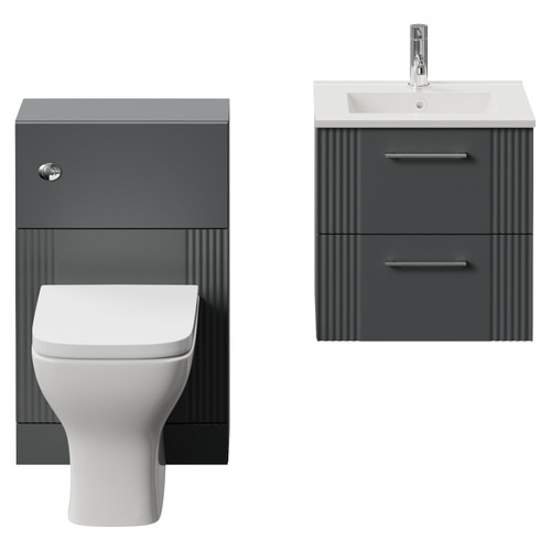 Avant Satin Grey 1000mm Wall Mounted 2 Drawer Vanity Unit and Toilet Suite with Angel Basin Front View