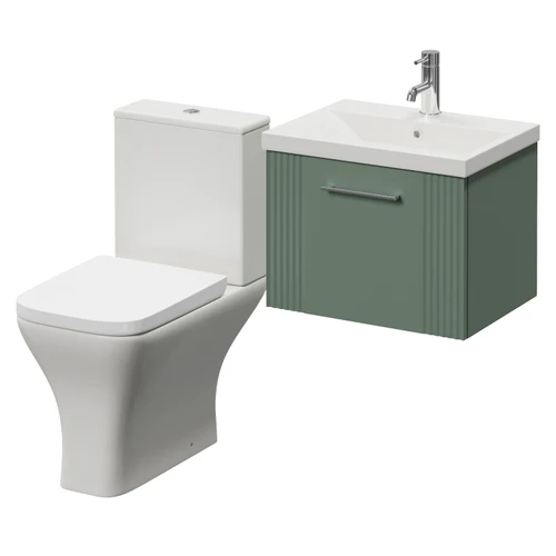 Avant Satin Green 500mm Wall Mounted Single Drawer Vanity Unit and Kingston Toilet Suite with Glide Basin Right Hand View